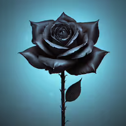 an image of a black rose with water droplets,a rose sitting alone on a stem on a blue background