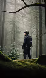 a man in a helmet and uniform stands on top of a moss covered hill in the forest