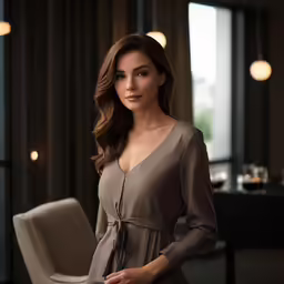 a woman standing by a glass table in a room