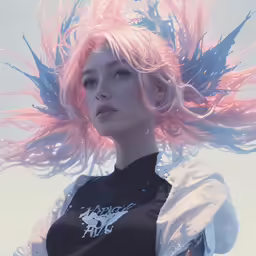 a woman with pink hair is wearing black and white