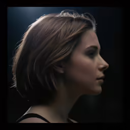 a woman with short brown hair looking sideways