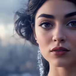 a close up of a person with a necklace and big earrings