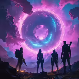 some people with guns and two aliens standing near an alien like object