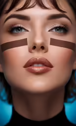 the face of a woman with chocolate lines painted on her eyes