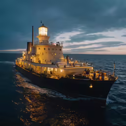 a large ship in the ocean with lights on