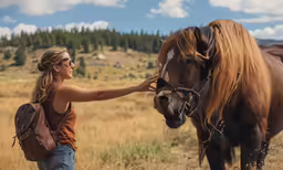 the woman is petting the brown horse