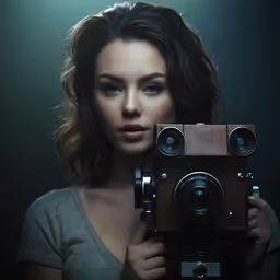 a beautiful woman holding a vintage camera in a dark room