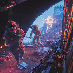 two people in outer city with a glowing building