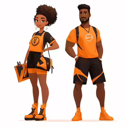 two people standing with bags and wearing jerseys