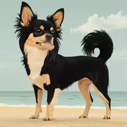 a cartoon image of a chihuahua standing on the beach