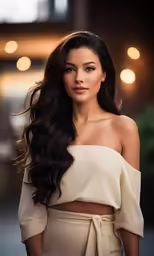 a model in a white top and brown pants