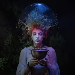 a woman with blue makeup and weird hair holding a bowl