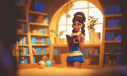 cartoon girl reading a book and looking into window