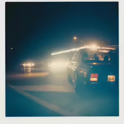 an suv and two taxis on a city street at night