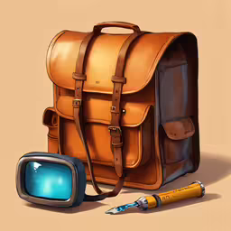 a drawing of a backpack and a pen,an image of a yellow brown and blue bag
