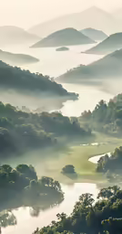 a green valley with some small lake and hills