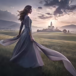 a beautiful woman in a blue dress walking across a field