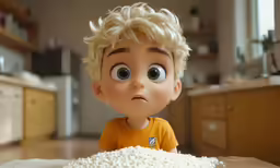 the little boy is watching the cake burn