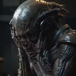 a very strange looking alien man with big headphones