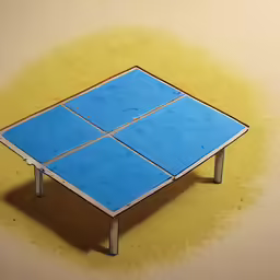 an illustration of a blue tennis table in half perspective