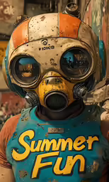 a gas mask and vest on display in a junkyard