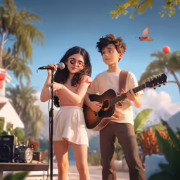 two children standing next to each other holding guitar