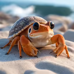 a turtle with big, shiny eyes is standing on a beach