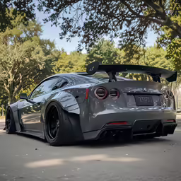 a gray sports car is parked on the street