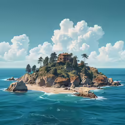 a house perched on top of an island surrounded by water