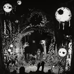 a black and white scene with halloween characters