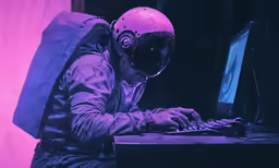 a person is wearing a helmet and typing on a computer