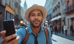a man is standing in the street taking a selfie