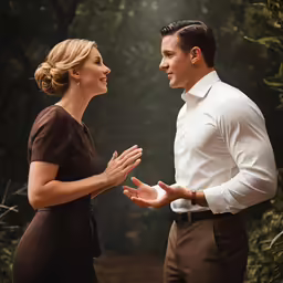 the man is holding out his hands while the woman claps her hand