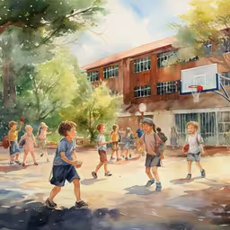 the kids are playing basketball outside together,children playing in the street with basketball hoop