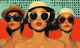 three mannequins wearing hats and glasses
