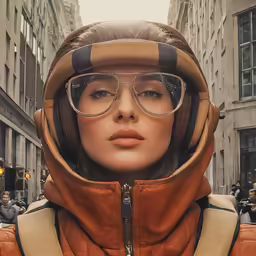 a woman with glasses wearing an orange and brown jacket