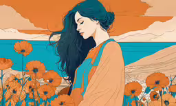 a lady in a field of flowers in front of the ocean,a woman in a yellow shirt in the flowers near a body of water