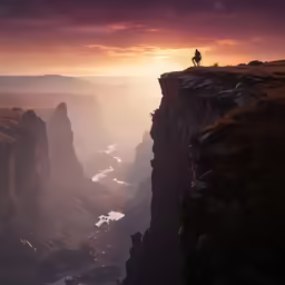 the person stands on a cliff above the ocean as the sun is setting