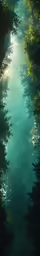 an abstract photograph of green water with trees reflected