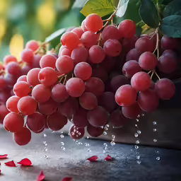 the red fruit has drops of water falling from it