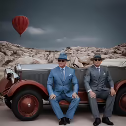 two men in suits and hats sitting on an old car