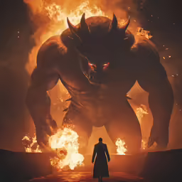 godzilla facing fire with man in dark clothes