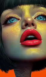 a painting of a woman with black hair and blue eyes