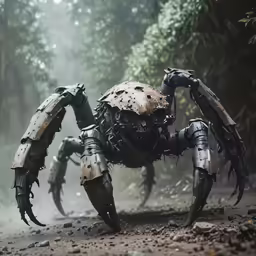 a large spider sculpture standing in the middle of a forest