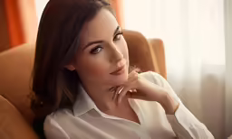an attractive woman wearing a blouse sitting in a chair