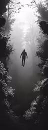 the silhouette of a man is in the middle of a forest