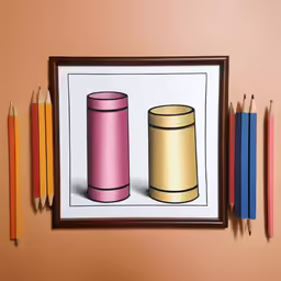 a painting of two pencils, a pot and some cylinders