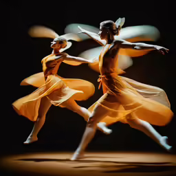 two dancers in yellow dresses, one flying in the air