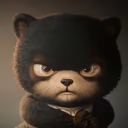a small stuffed animal with yellow eyes is shown