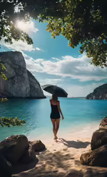 a woman walking on a sandy beach holding an umbrella